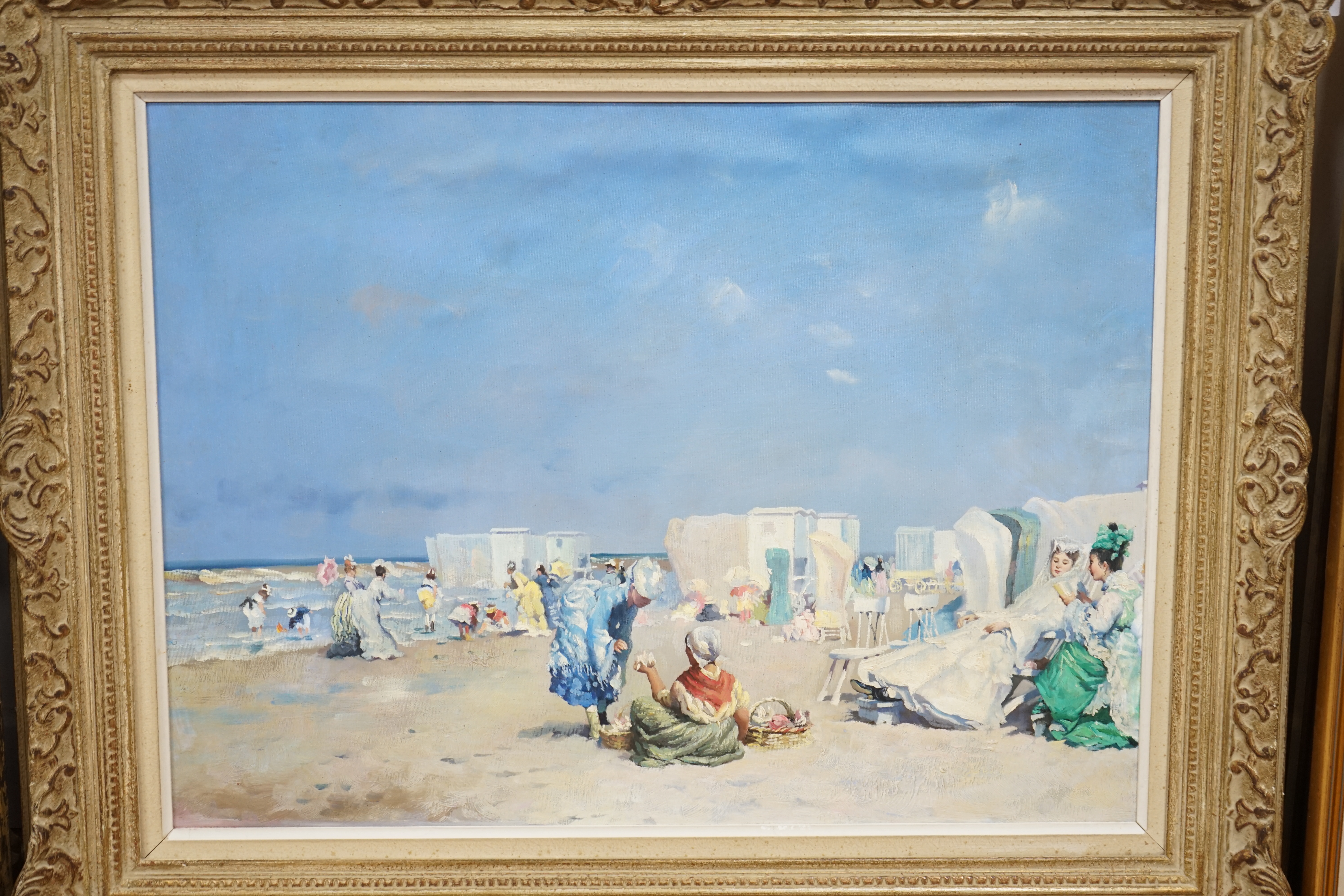 Modern British, oil on canvas, Figures on a beach, unsigned, 50 x 66cm. Condition - good, would benefit from a clean